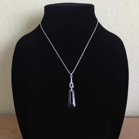 Silver Tone Necklace with Black Rhinestone Oblong Rectangular Pendant Modern - Picture 1 of 6